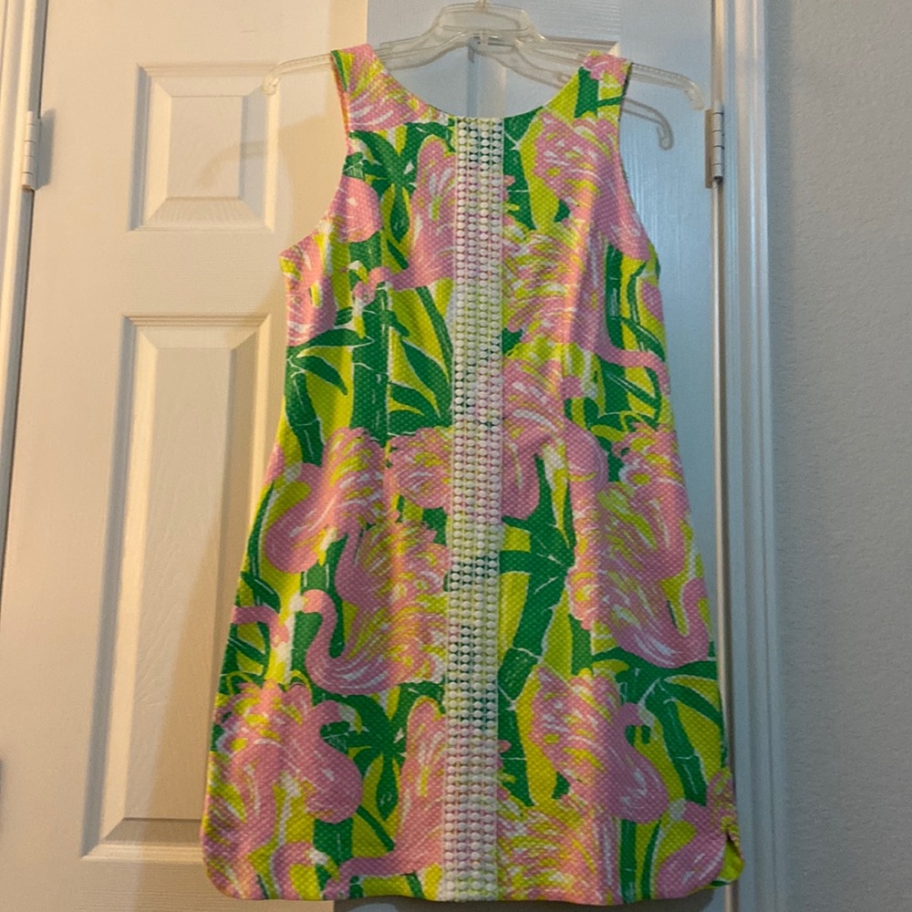 Size 12 Pink and green flamingo print Lily Pulitzer dress. Vacation ready.